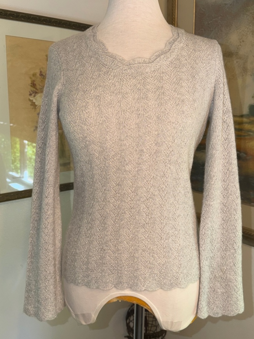 SWEATER - Ann Taylor Cashmere Grey/Silver Scalloped Neck, Hem, & Cuffs Size SP